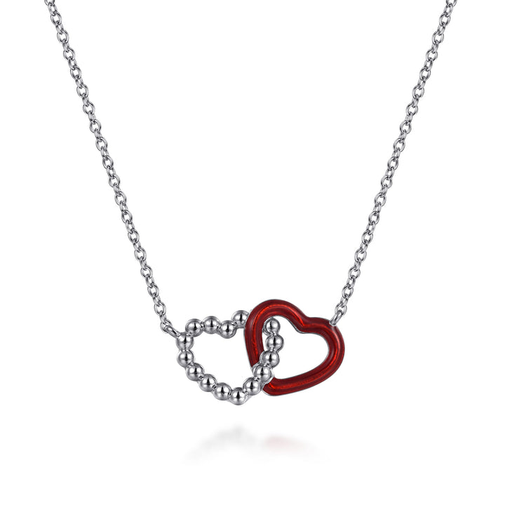 Sterling Silver Gabriel & Co Bujukan Double Heart Necklace with Chrome Red Enamel