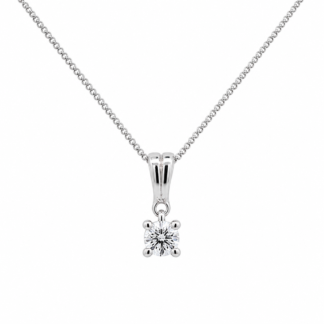 14K White Gold Solitaire 0.10 CT RBC LAB Diamond Necklace With 18" Chain