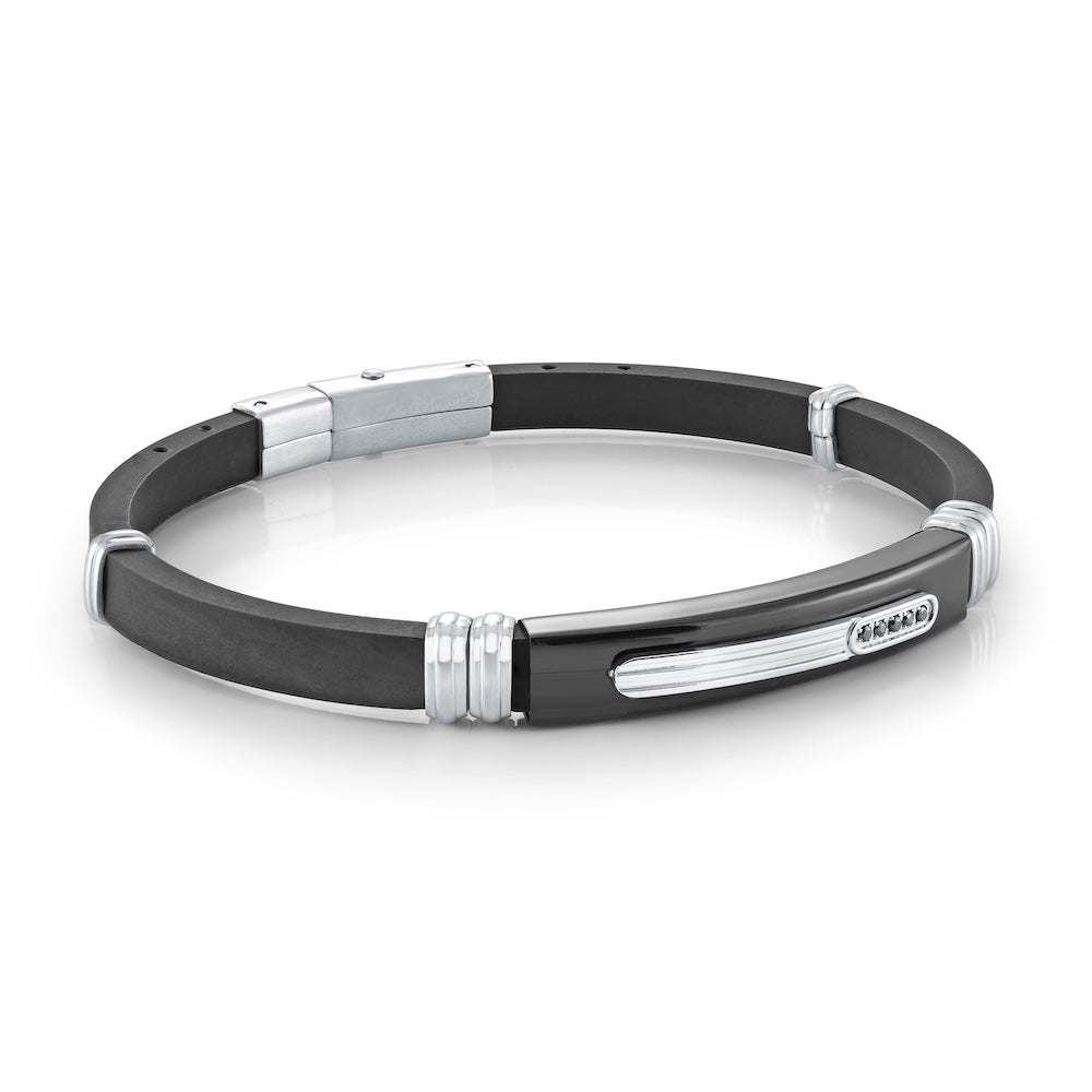 Italgem Stainless Steel Black Rubber Bracelet With Black Cubic Zirconias