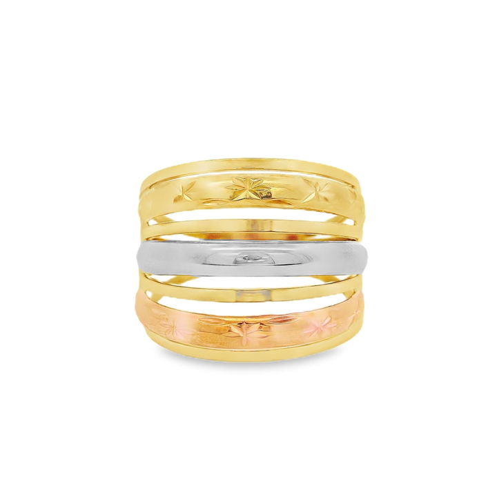 Estate - 18 Karat Tri-Coloured Gold Polished Multi-Row Ring, Size 7.75