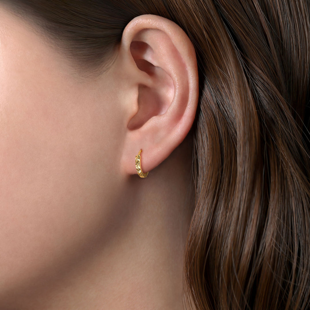 14K Yellow Gold Mini Round Huggie Earrings With Engraved Deatil