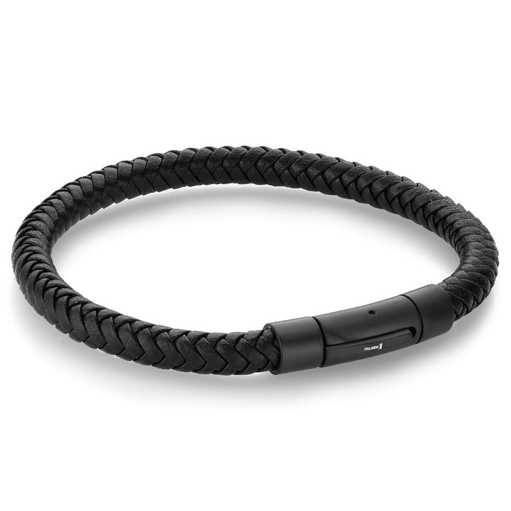 Italgem Black Plated Stainless Steel And Braided Black Leather 8.25" Bracelet
