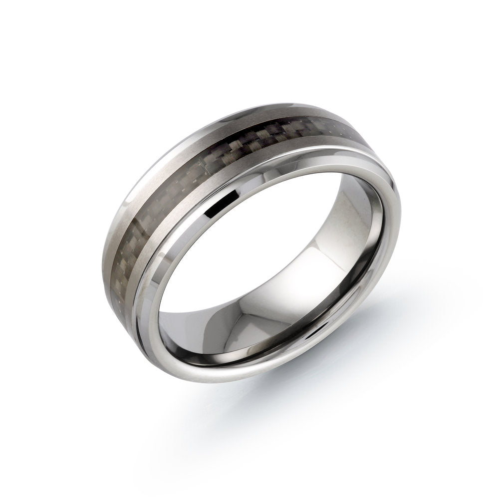 Men's Tungsten Comfort Fit 8mm Stepped Edge Carbon Fibre Inlay Wedding Band Size 11