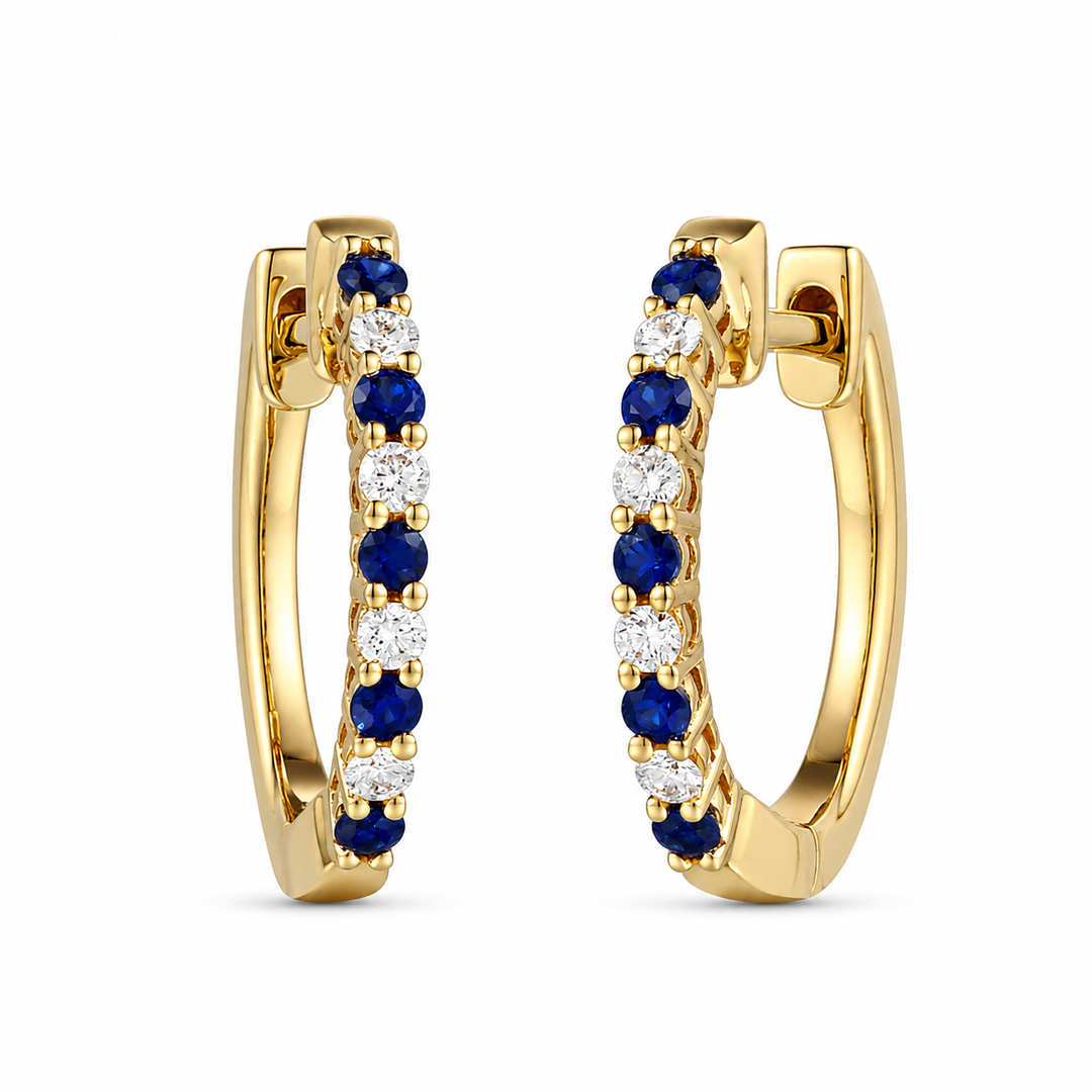 18K Yellow Gold 0.19 CTW Round Sapphire And 0.11 CTW Diamond Huggie Earrings