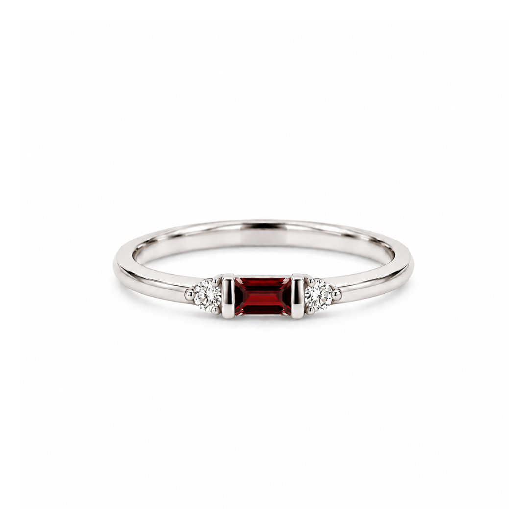 14K White Gold 4x2mm Garnet And 0.05 CTW Diamond Ring
