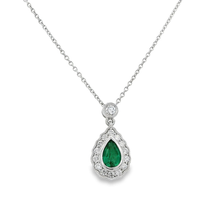 18K White And Yellow Gold 0.58 CTW Pear Shaped Emerald And 0.25 CTW Diamond Necklace