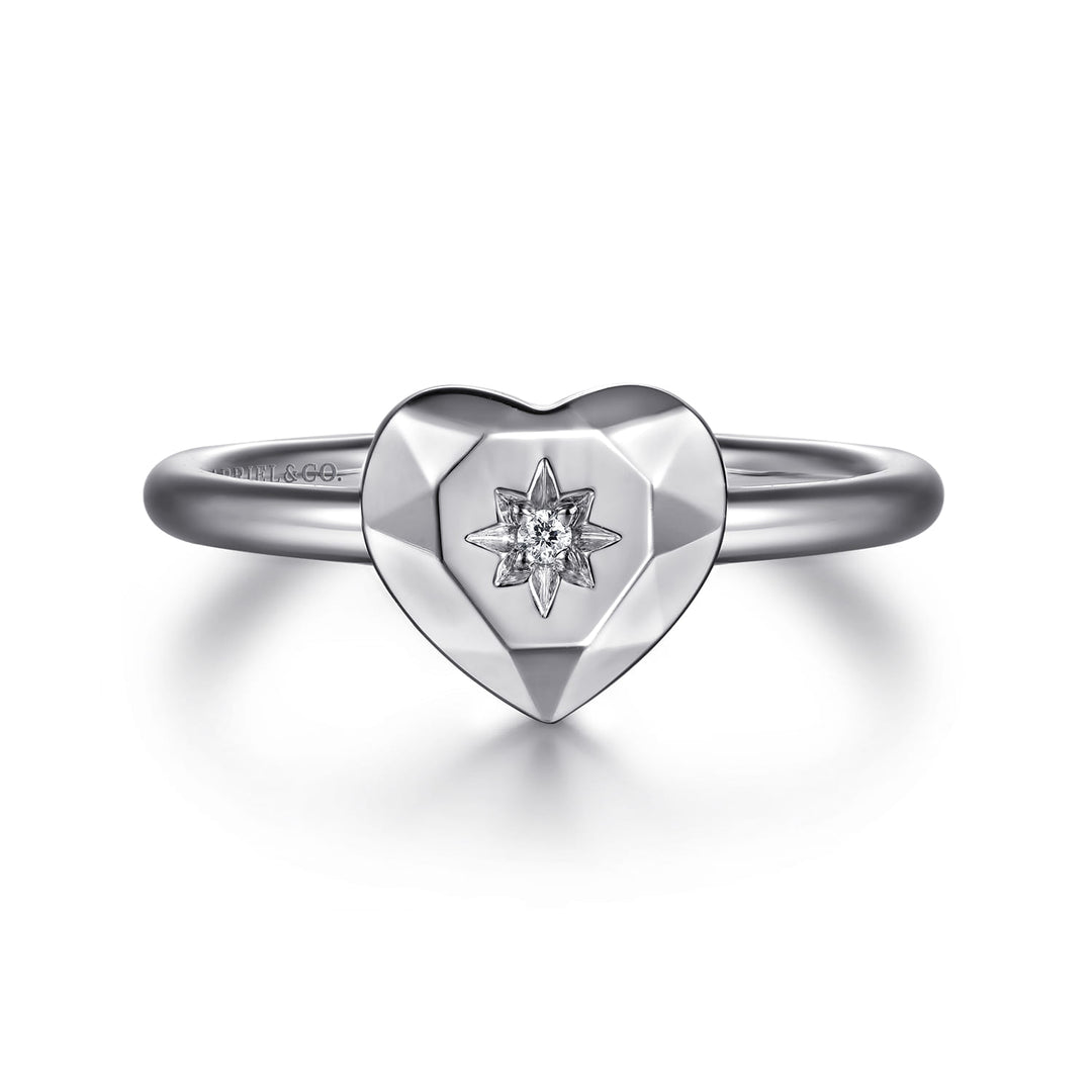 Sterling Silver  Gabriel & Co. Faceted Heart Ring With Diamond