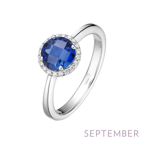 Lafonn Rhodium Plated Sterling Silver Birthstone - September Halo Ring With Created Blue Sapphire, Clear Cubic Zirconia
