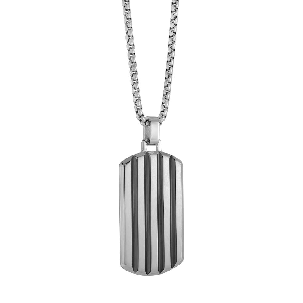 Italgem Stainless Steel Brushed And Polished Curved Rectangular Dog Tag Pendant With Black Lines, Complete With Round Box Link 22" Chain