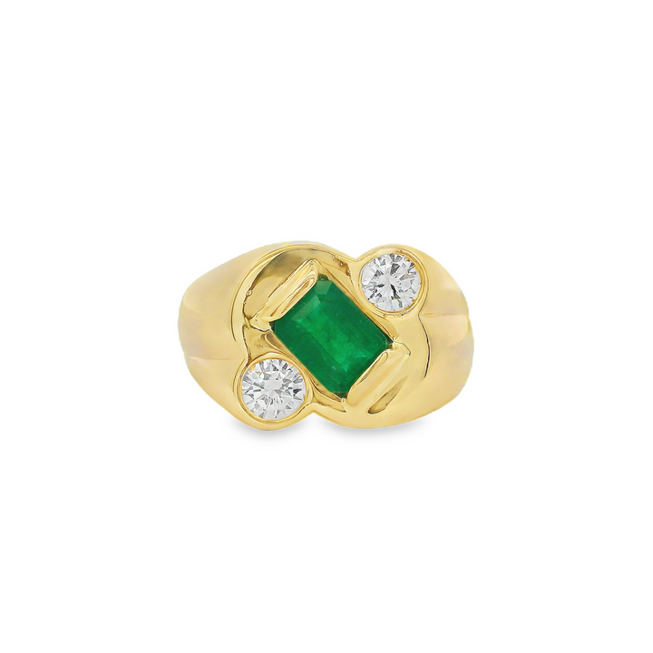 Estate - 14K Yellow Gold Emerald And 0.80 CTW Diamond Ring, Size 11