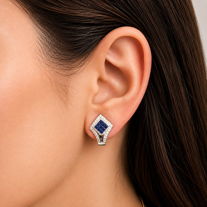 Estate - 14K White Gold Blue Sapphire & Diamond French Back Earrings