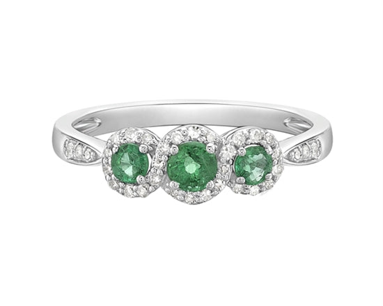 14K White Gold Emerald And 0.18 TDW Diamond Halo Women's Ring