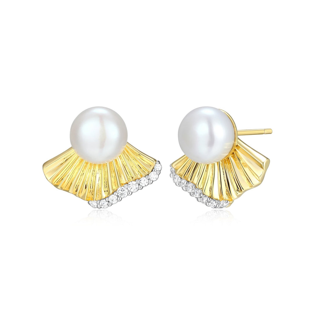 Yellow Gold Plated Sterling Silver ELLE Stud Earrings With Pearls And Cubic Zirconia's