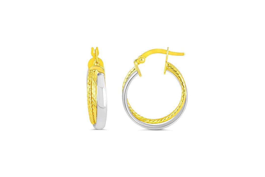 10K Two Tone Twist and Overlapping Small Hoop Earriings