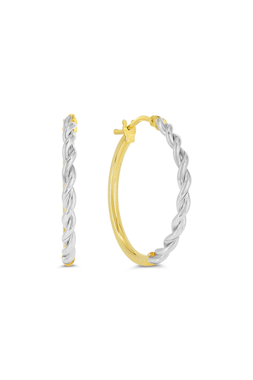 10K Yellow And White Gold Medium Polished And Twisted Hoop Earrings