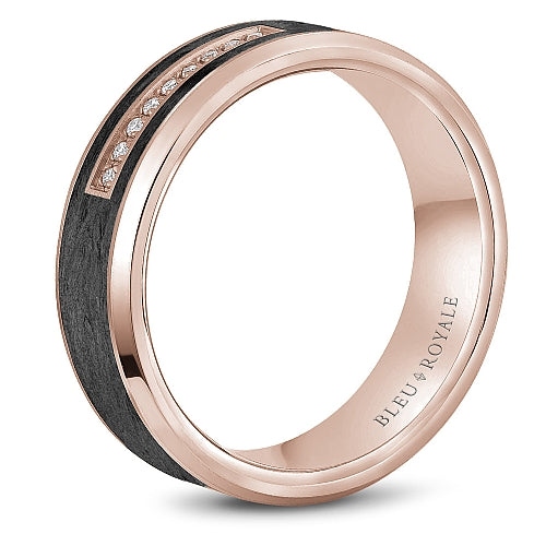 14K Rose Gold And Black Carbon Polished Diamond Set Men's Wedding Band