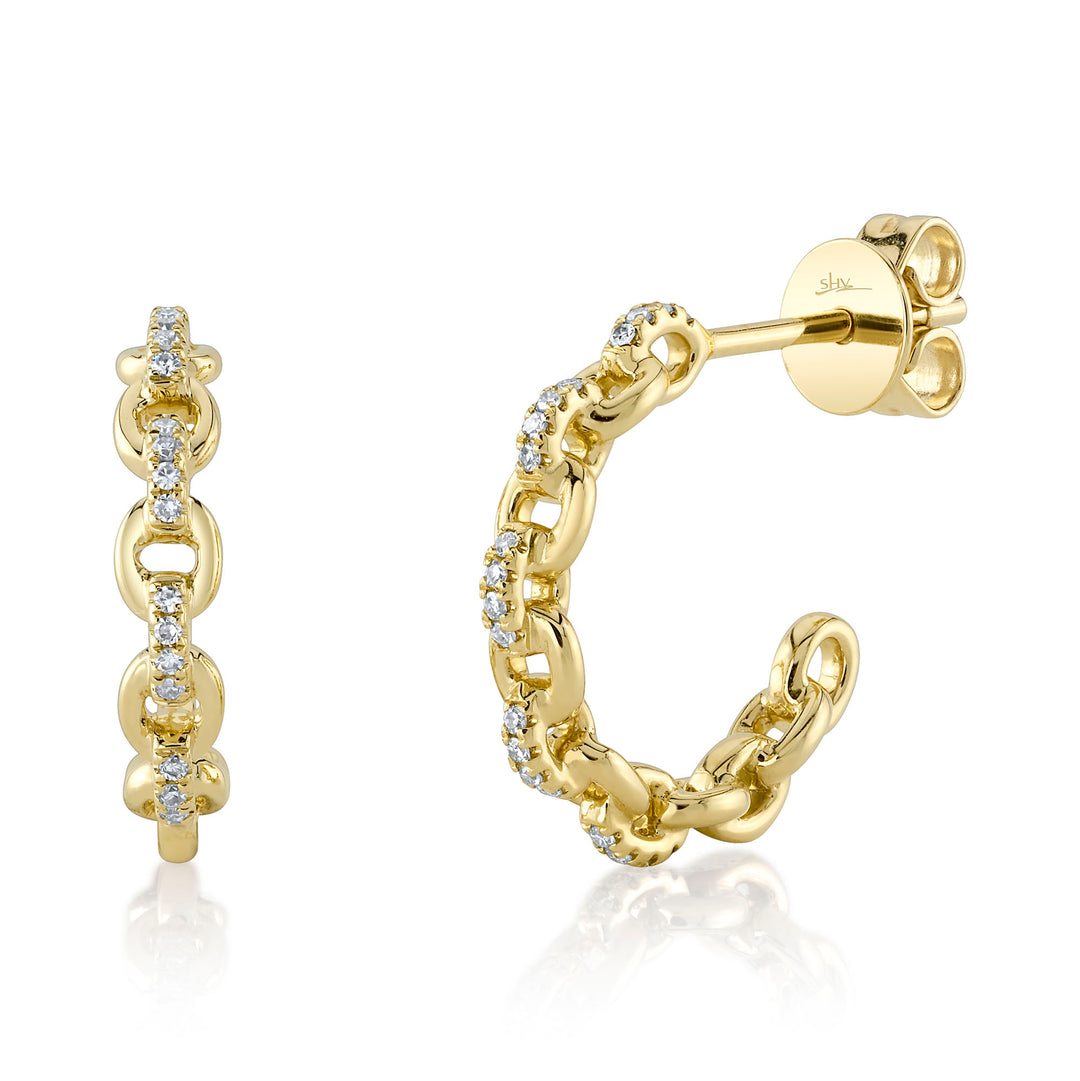 14K Yellow Gold Shy Creation 0.10 Diamond Set Open Chain Link Small Round Hoop Earrings