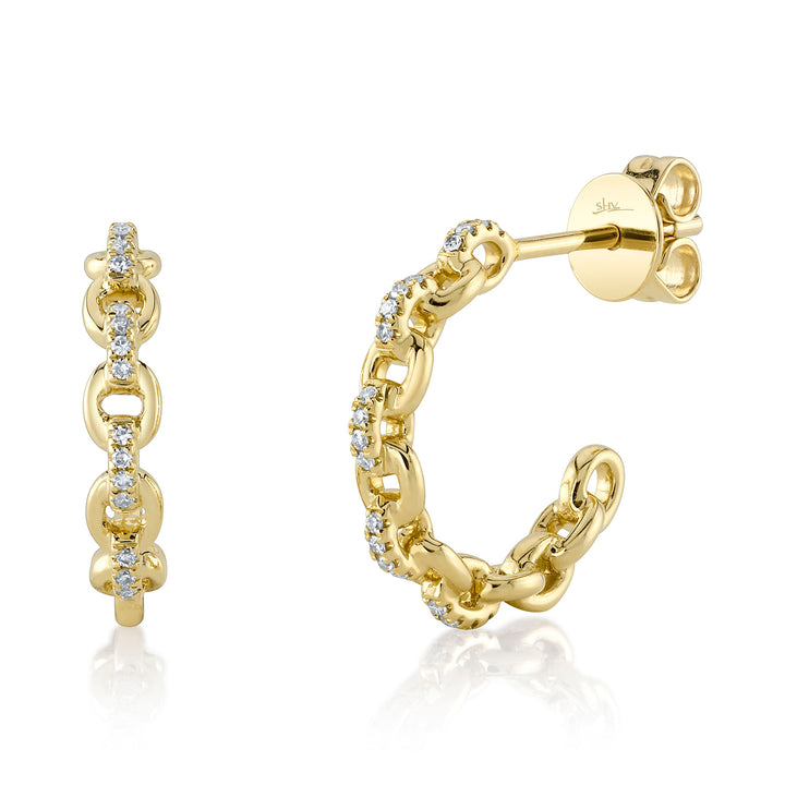 14K Yellow Gold Shy Creation 0.10 Diamond Set Open Chain Link Small Round Hoop Earrings