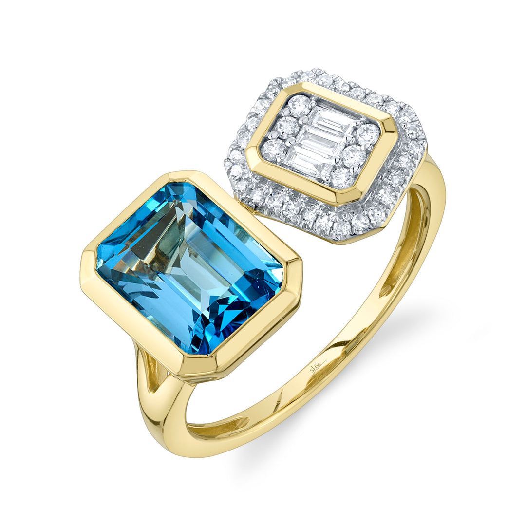 14K Yellow Gold 3.04 CT Blue Topaz And 0.23 TDW Diamond Women's Ring