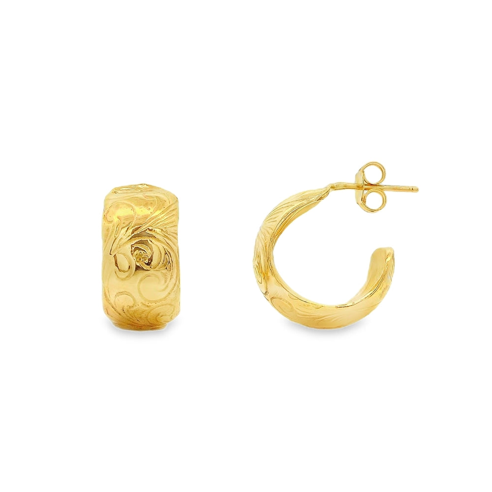 Estate - 10 Karat Yellow Gold 9.25mm Wide Engraved Pattern Half Hoop Earrings
