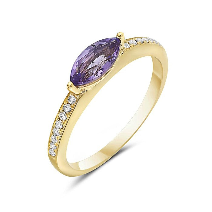 14K Yellow Gold - Bassali Collection - 0.49 CTW Amethyst And 0.10 CTW Diamond Ring