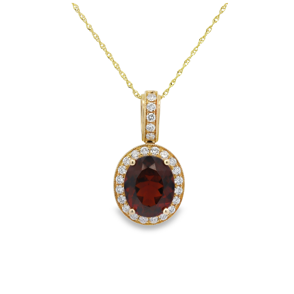 14K Yellow Gold Natural 4.43 CTW Oval Garnet And 0.48 CTW Diamond Necklace