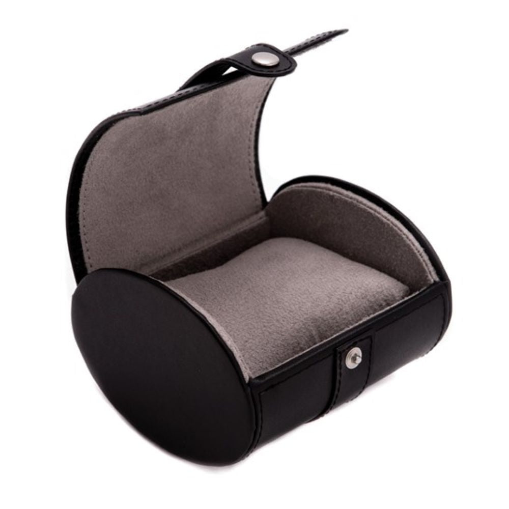 Black Leather Velour Lined Snap Closure Single Watch Travel Case.