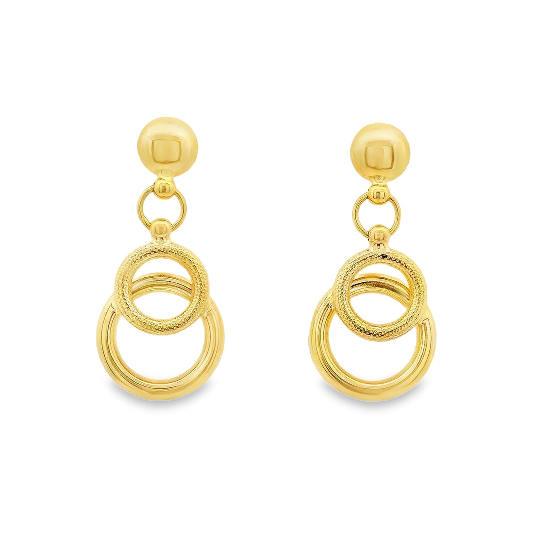 Estate - 18 Karat Yellow Gold Polished And Textured Finish Double Circle Drop Earrings.