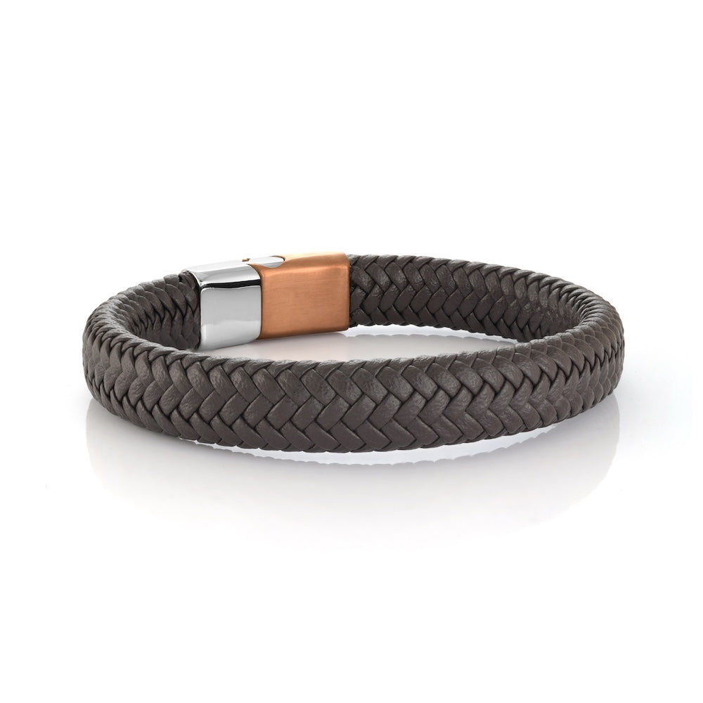 Italgem Stainless Steel And Rosetone Coffee Brown Braided Leather Bracelet