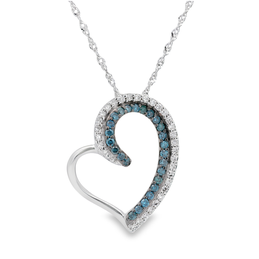 14K White Gold Heart 0.27 CTW Blue And White Diamond Necklace With 18" Chain