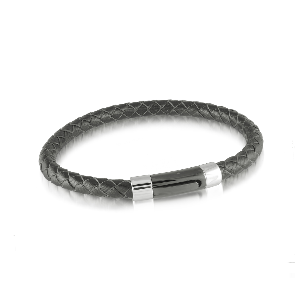 Stainless Steel And Black Leather Bracelet