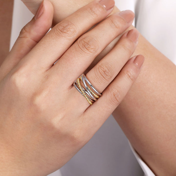 Gabriel & Co. Sterling Silver And 14K Yellow Gold Wide Criss-Cross Multirow Ring