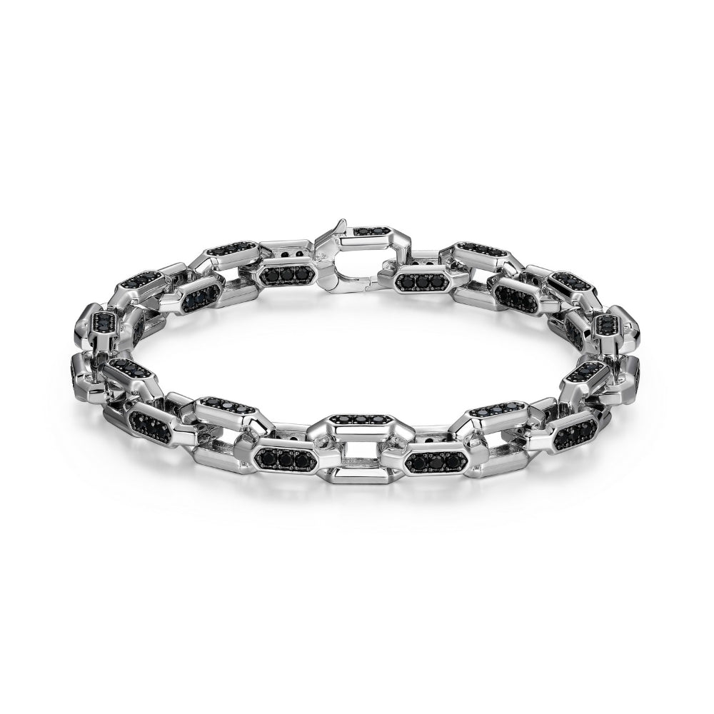 Ethos Rhodium Plated Sterling Silver Link Bracelet With Black Spinel