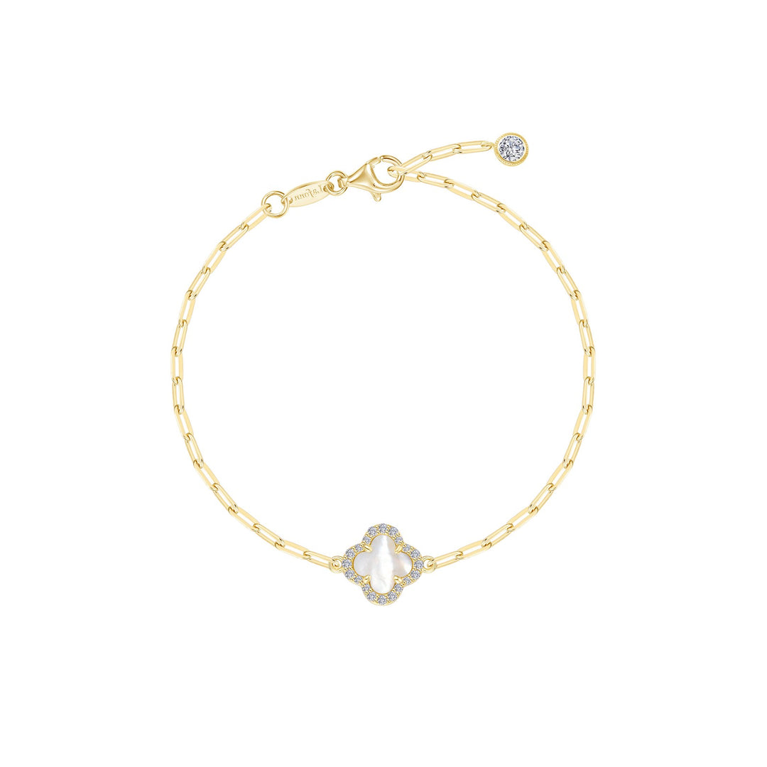 Lafonn Sterling Silver Gold Plated Open Link Bracelet With White Mother Of Pearl And Cubic Zirconia Clover Section