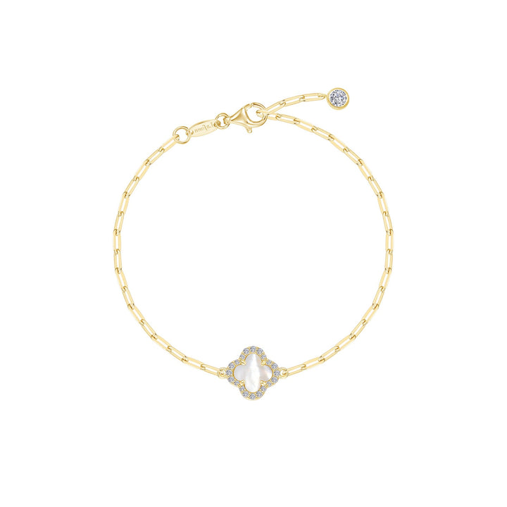 Lafonn Sterling Silver Gold Plated Open Link Bracelet With White Mother Of Pearl And Cubic Zirconia Clover Section