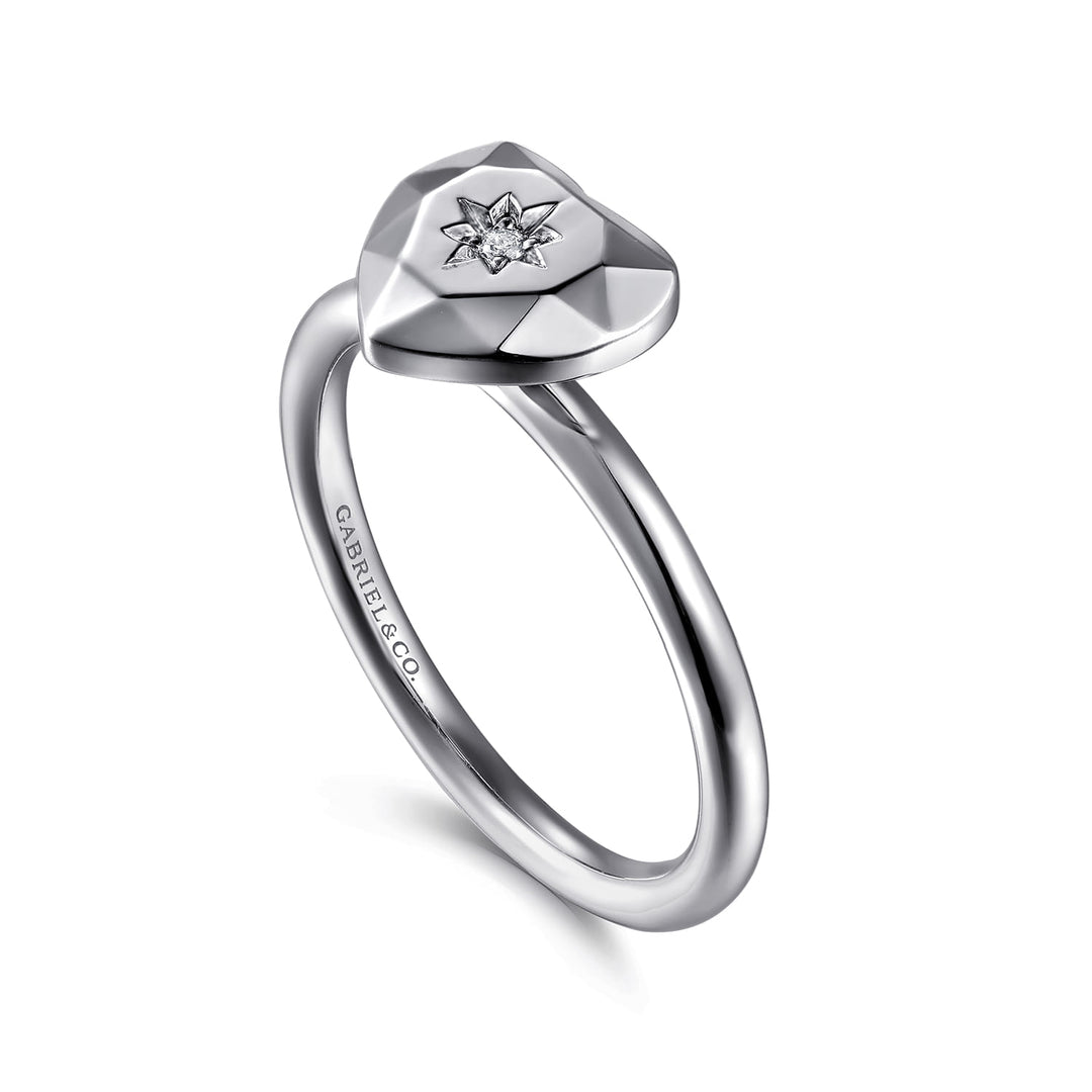 Sterling Silver  Gabriel & Co. Faceted Heart Ring With Diamond