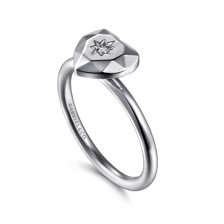 Sterling Silver  Gabriel & Co. Faceted Heart Ring With Diamond