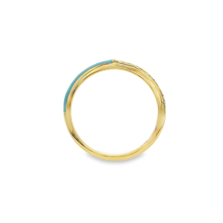14K Yellow Gold 0.06 CTW Diamond Woman's Stackable Ring With Turquoise Enamel