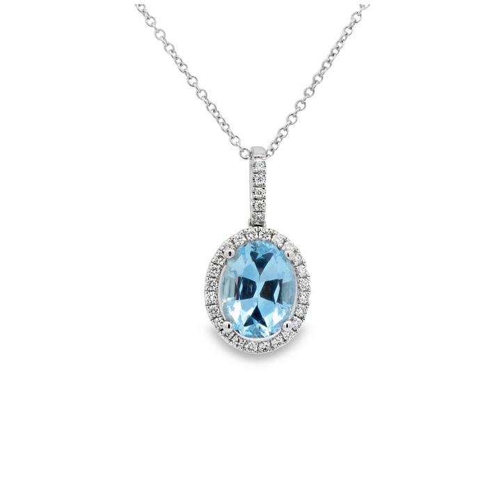 14K White Gold 1.82 CTW Oval Aquamarine And 0.16 Diamond Halo Pendant