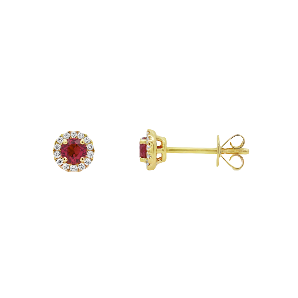 18K Yellow Gold 0.44 CTW Round Ruby And 0.10 CTW Diamond Stud Earrings