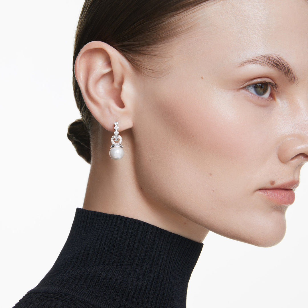 Swarovski Matrix Rhodium Plated Drop Earrings With Crystal Pearls And Clear Crystals 5691716