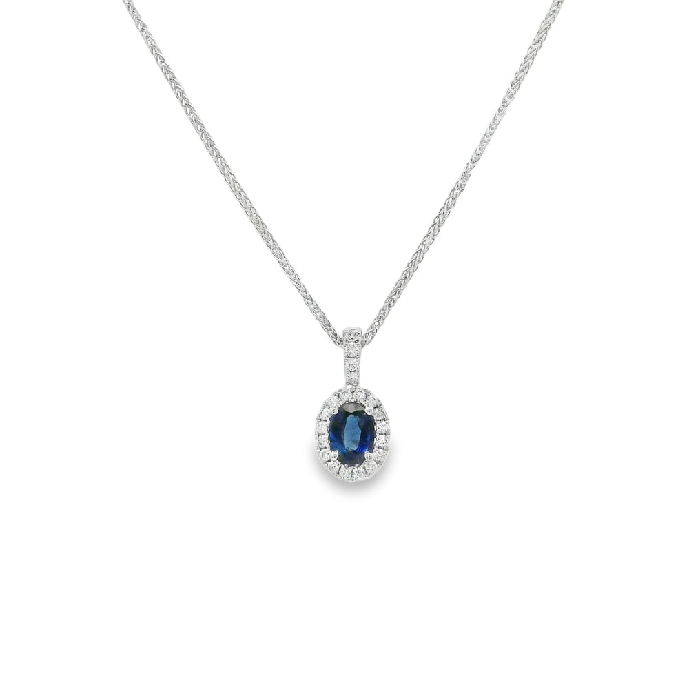 18K White Gold 0.34 CTW Oval Sapphire And 0.11 CTW Diamond Halo Pendant