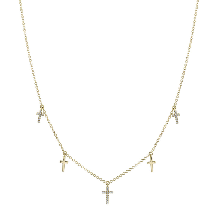 Women's 14K Yellow Gold Shy Creation Stationed Crosses 0.09 CTW Diamond Necklace With 18 Inch Chain