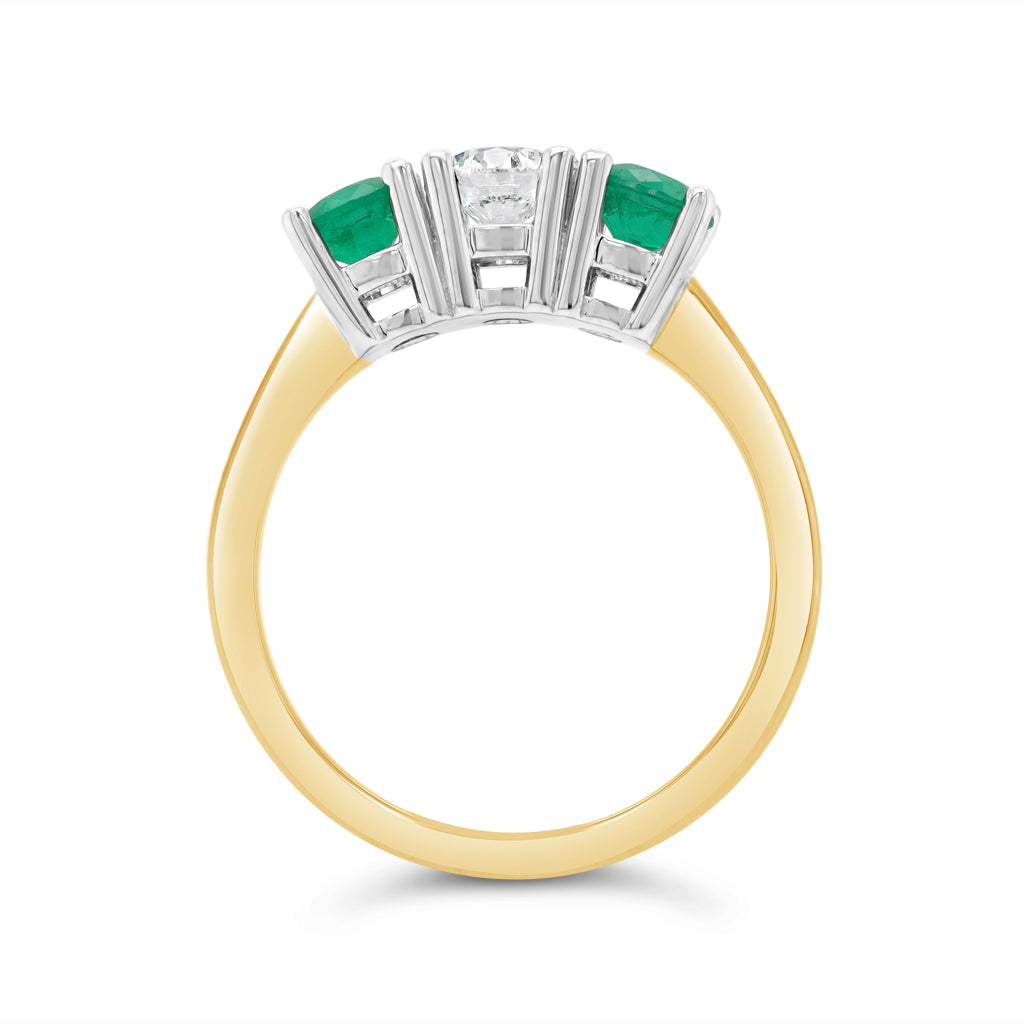 14K Yellow And White Gold 3-Stone Emerald And 0.41 CT Diamond Ring