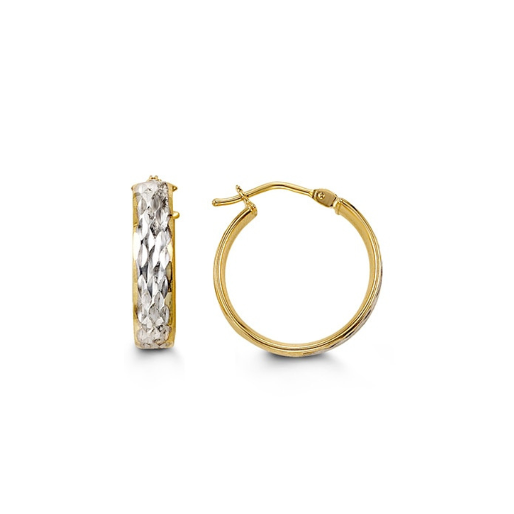 10K Yellow And White Gold Polished And Diamond Cut Hoop Earrings