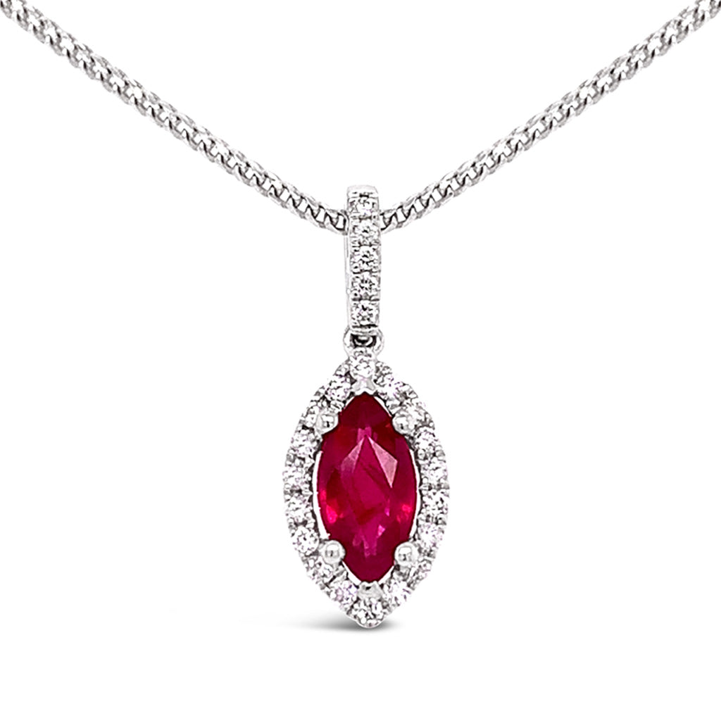 18K White Gold 0.65 CT Marquise Ruby And 0.11 TDW Diamond Halo Pendant