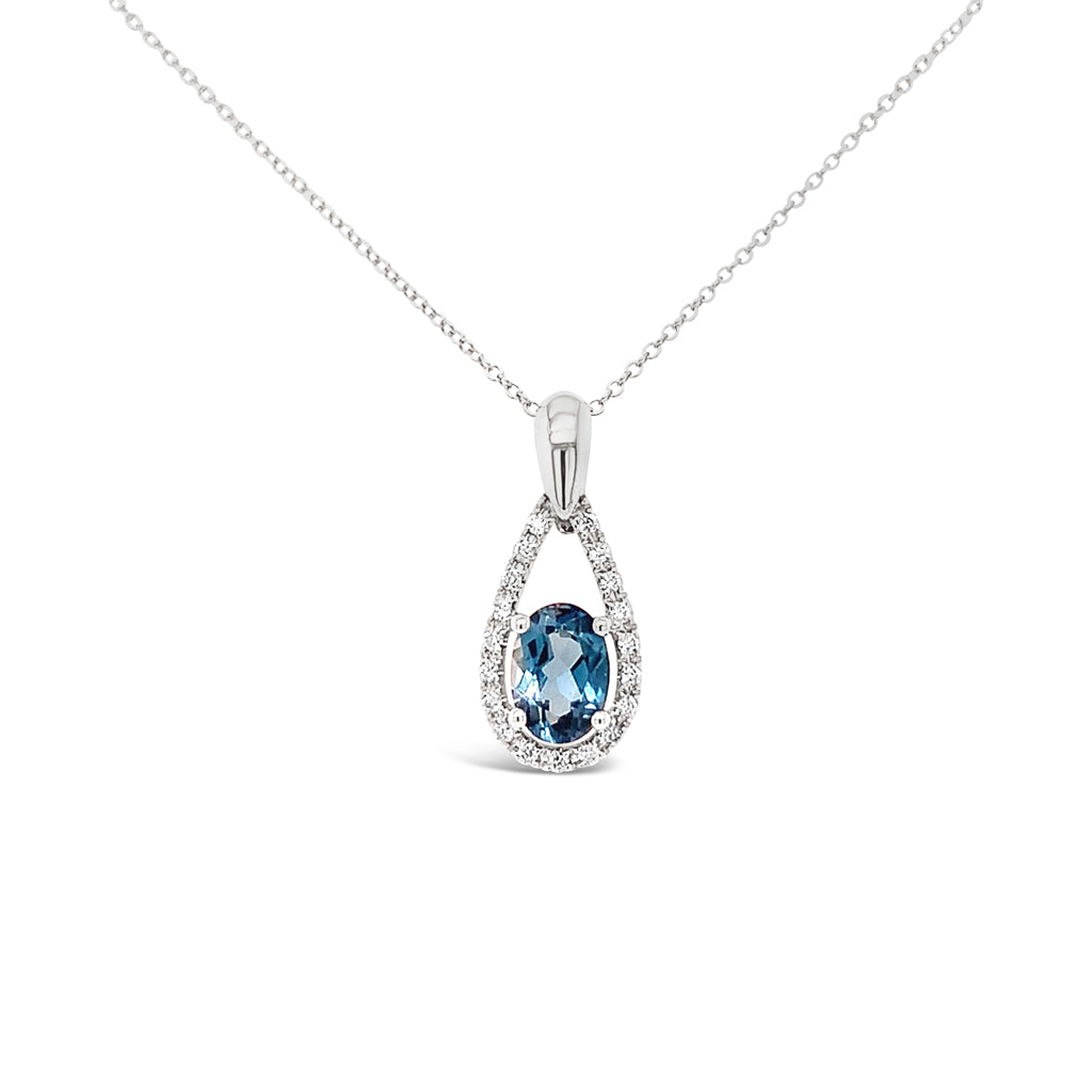 10K White Gold London Blue Topaz And 0.11 CTW Diamond Necklace