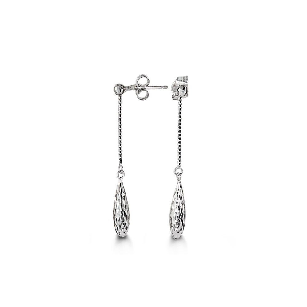 10K White Gold Diamond Cut Tear Drop Dangle Earrings