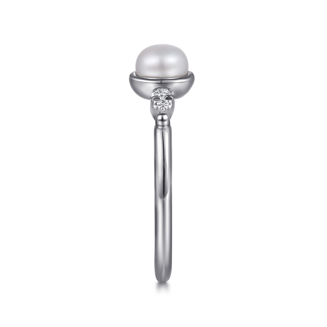 Sterling Silver Gabriel & Co. Bezel Set Ring With Pearl And Diamonds