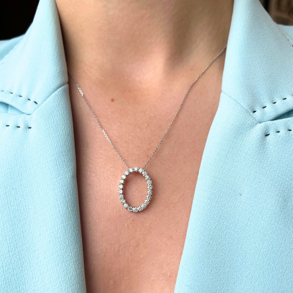 14K White Gold - Bassali Collection -  Oval 1.00 CTW Diamond Pendant